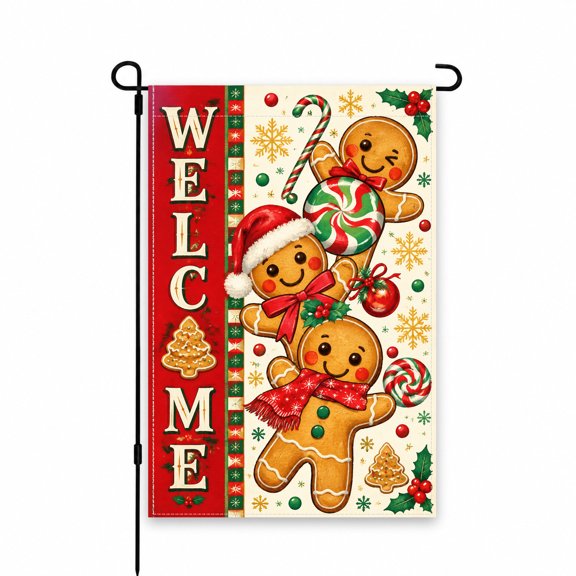 Welcome Christmas Garden Flag 12x18 Inch Gingerbread Design with Festive Candy Canes and Snowflakes Perfect for Holiday Yard, Lawn, Patio, Outdoor Decor