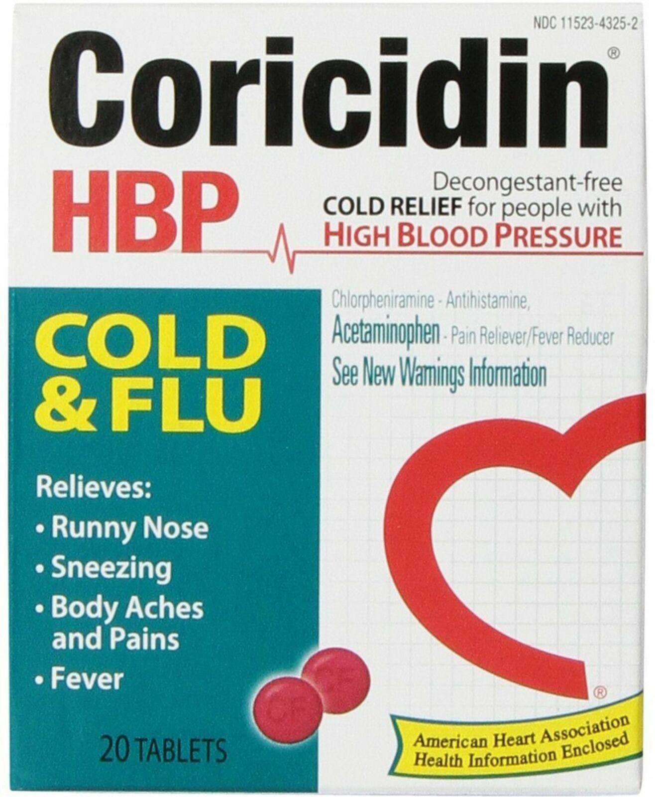 Coricidin HBP Cold & Flu Tablets, 20 ea (Pack of 4) - image 1 of 3