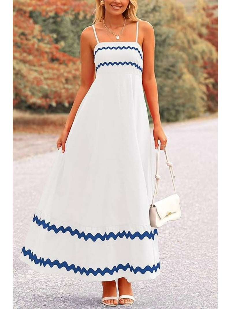 flowy maxi dress spaghetti strap R.Vivimos Women's Summer Maxi Dress Spaghetti Strap Boho Floral Print Smocked Backless Casual Ruffle Flowy