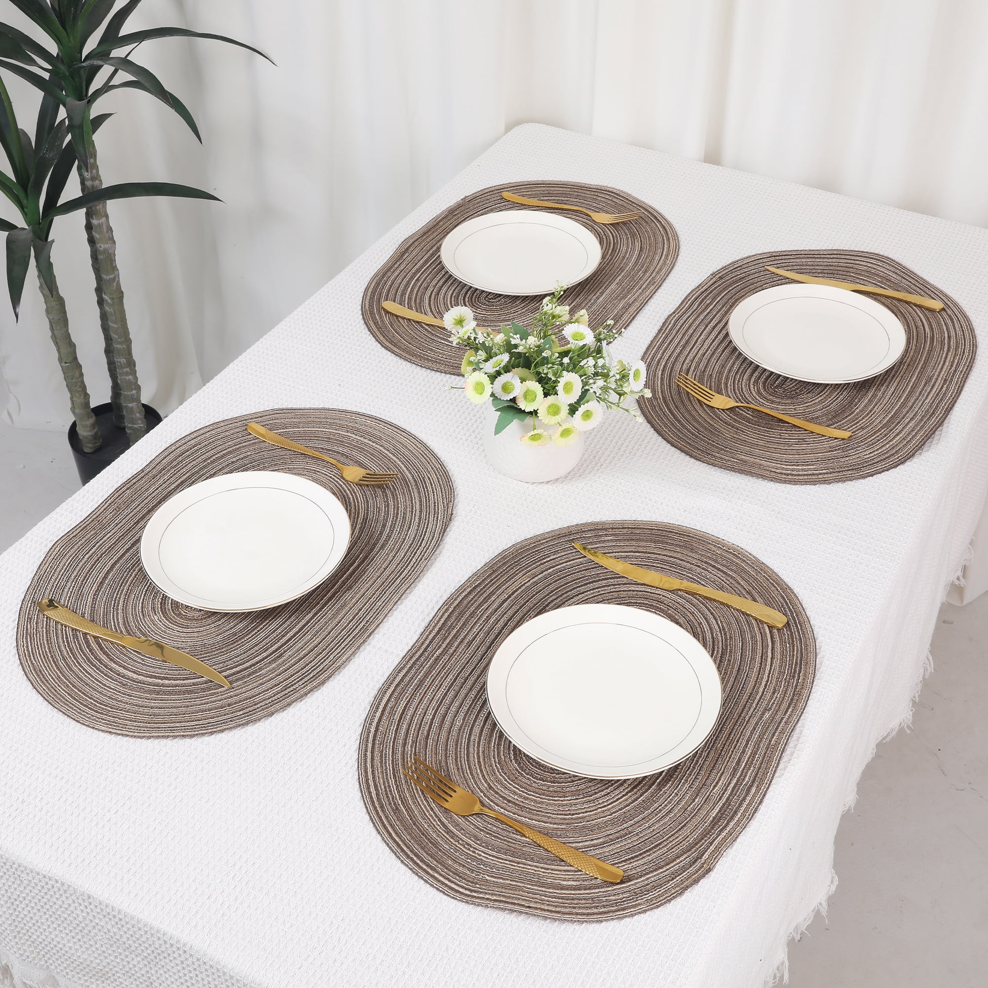REGALWOVEN Farmhouse Placemats Set of 6 Oval Placemats for Dining Table Decor Indoor Outdoor Kitchen Table Mat Wipe Clean CoffeeBrown 19.7*14Inch