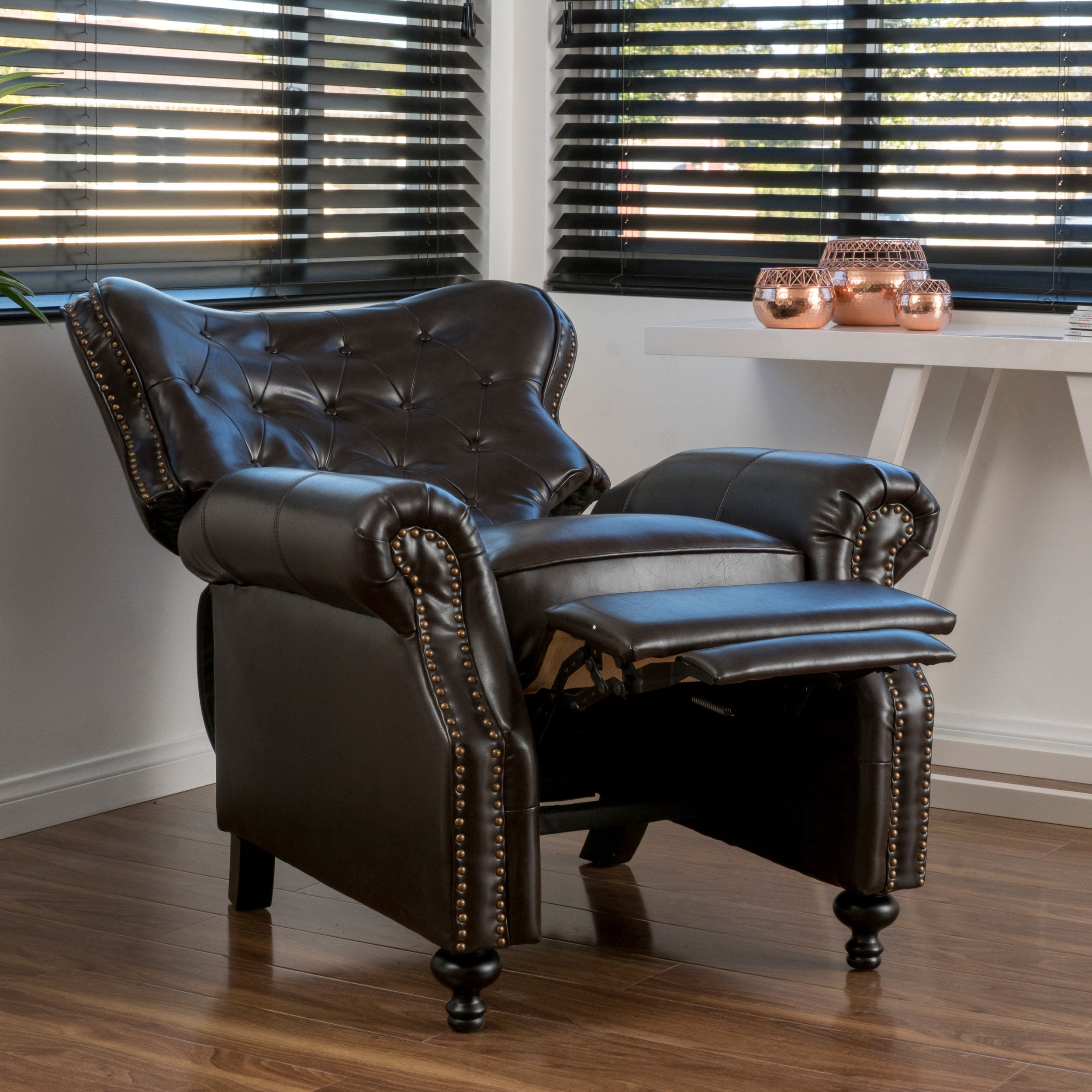 Euroco Copper Accented Push Back Recliner Chair with Rolled Arms, Upholstered Manual Recliner with Hump Feet – Elegant Armchair for Living Room, Bedroom, or Office