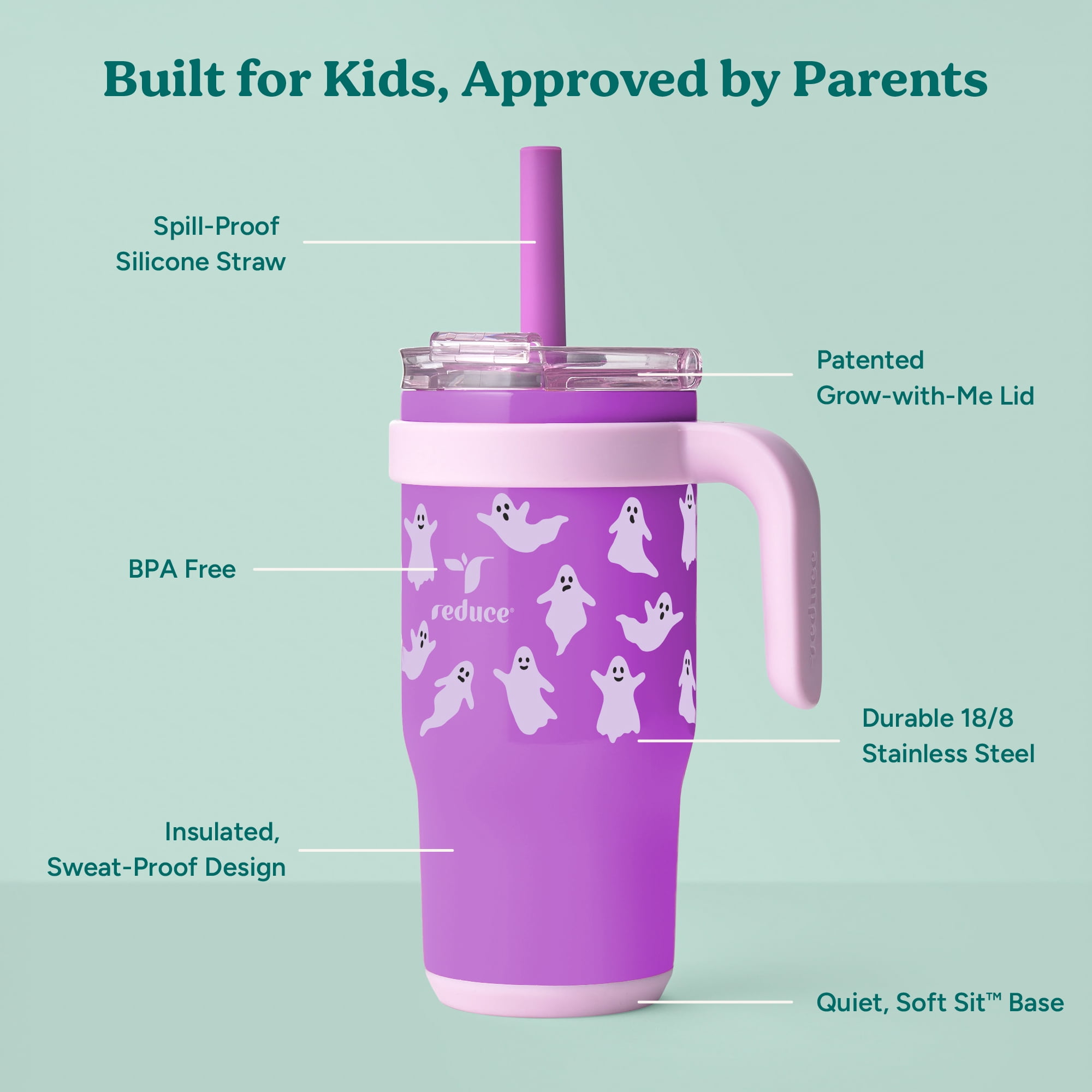 Reduce Coldee Kids 18 oz Halloween Tumbler with Spill-Proof Straw & Handle. Insulated Stainless Steel, Booberry