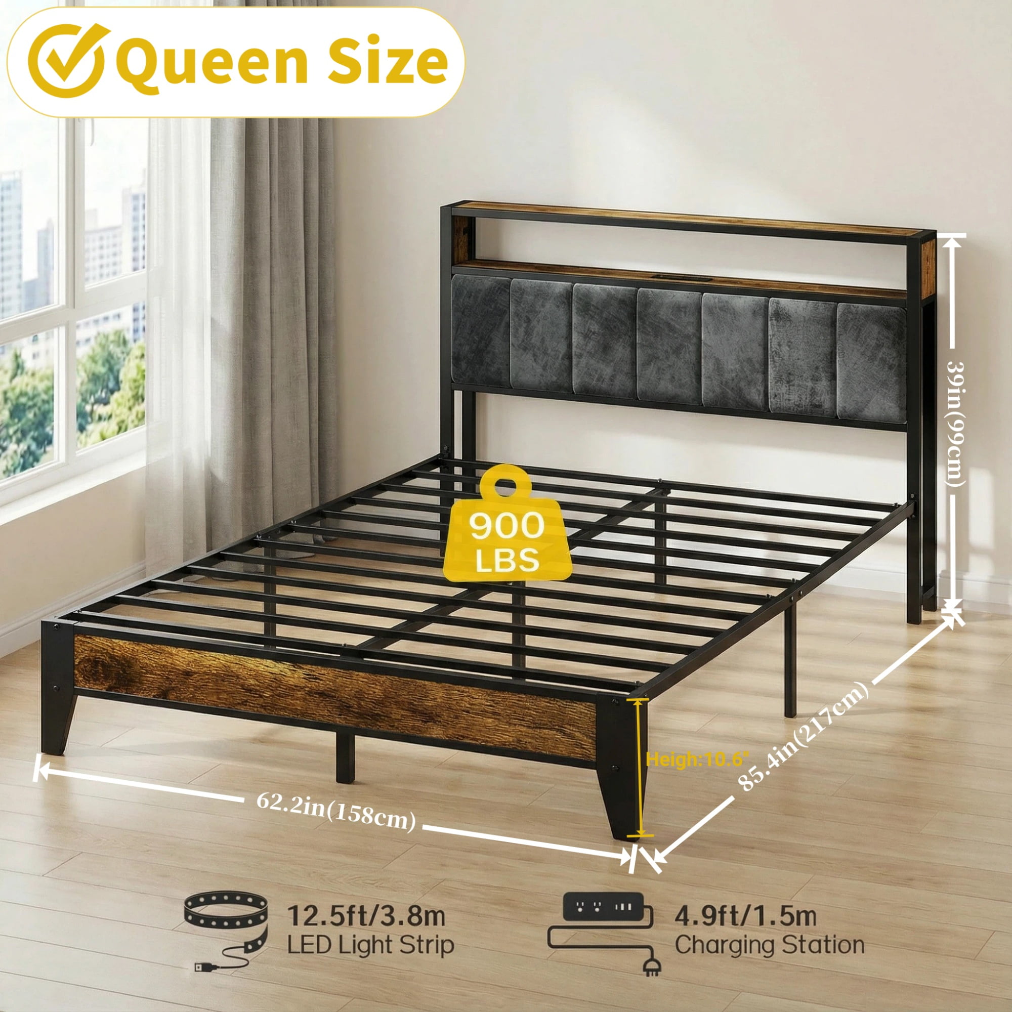 OLEVS Queen Bed Frame with Headboard, LED Light, Type C & USB Charging Station