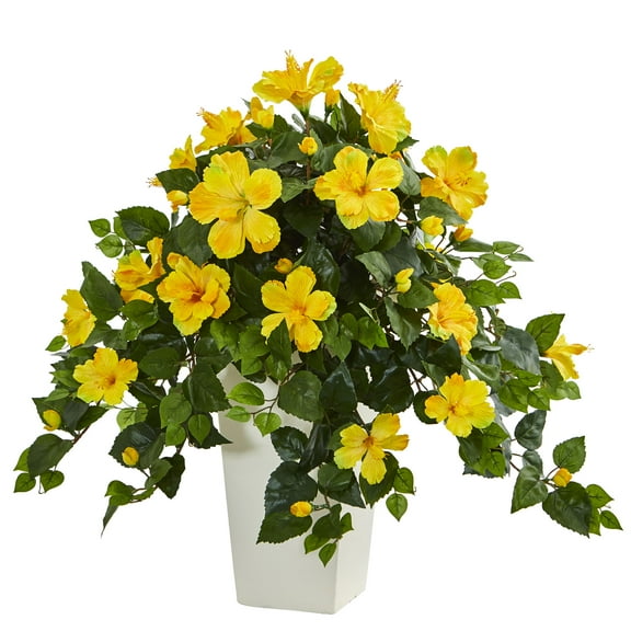 Nearly Natural Yellow 27"H Hibiscus Artificial Plant in White Tower Planter