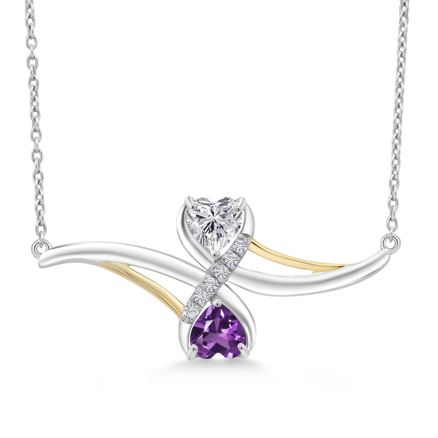 Gem Stone King 925 Silver and 10K Yellow Gold Lab Grown Diamond and Purple Amethyst Pendant Necklace for Women | 0.92 Cttw | Gemstone April Birthstone | Heart Shape 5MM | With 18 inch Chain