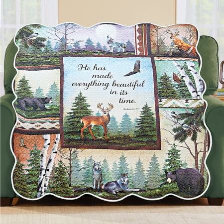 Northwoods Cabin Decor Nature Scene Spiritual Throw Blanket with Scalloped Edges - Northwoods Seasonal Living Room Decor ()