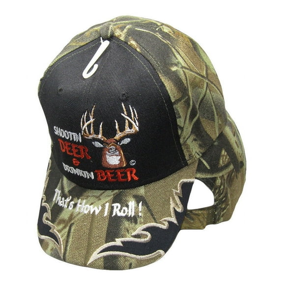 Shootin Deer Drinkin Beer Camouflage Black Front Embroidered Cap CAP910 Hat
