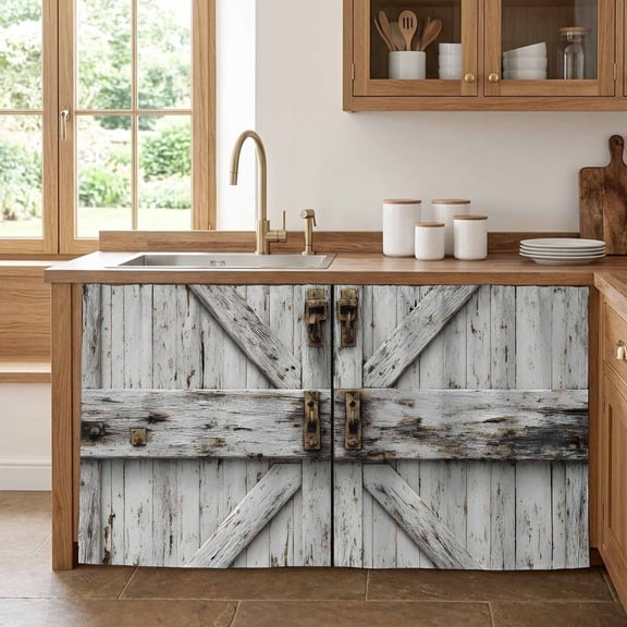 Farmhouse Gate Cabinet Curtains for Kitchen 32"W x 55"L, Vintage Country Grey Farmhouse Door Pantry Curtain Skirt Magic Tape Short Curtains Decor Privacy Panel for Utility Closet Bathroom
