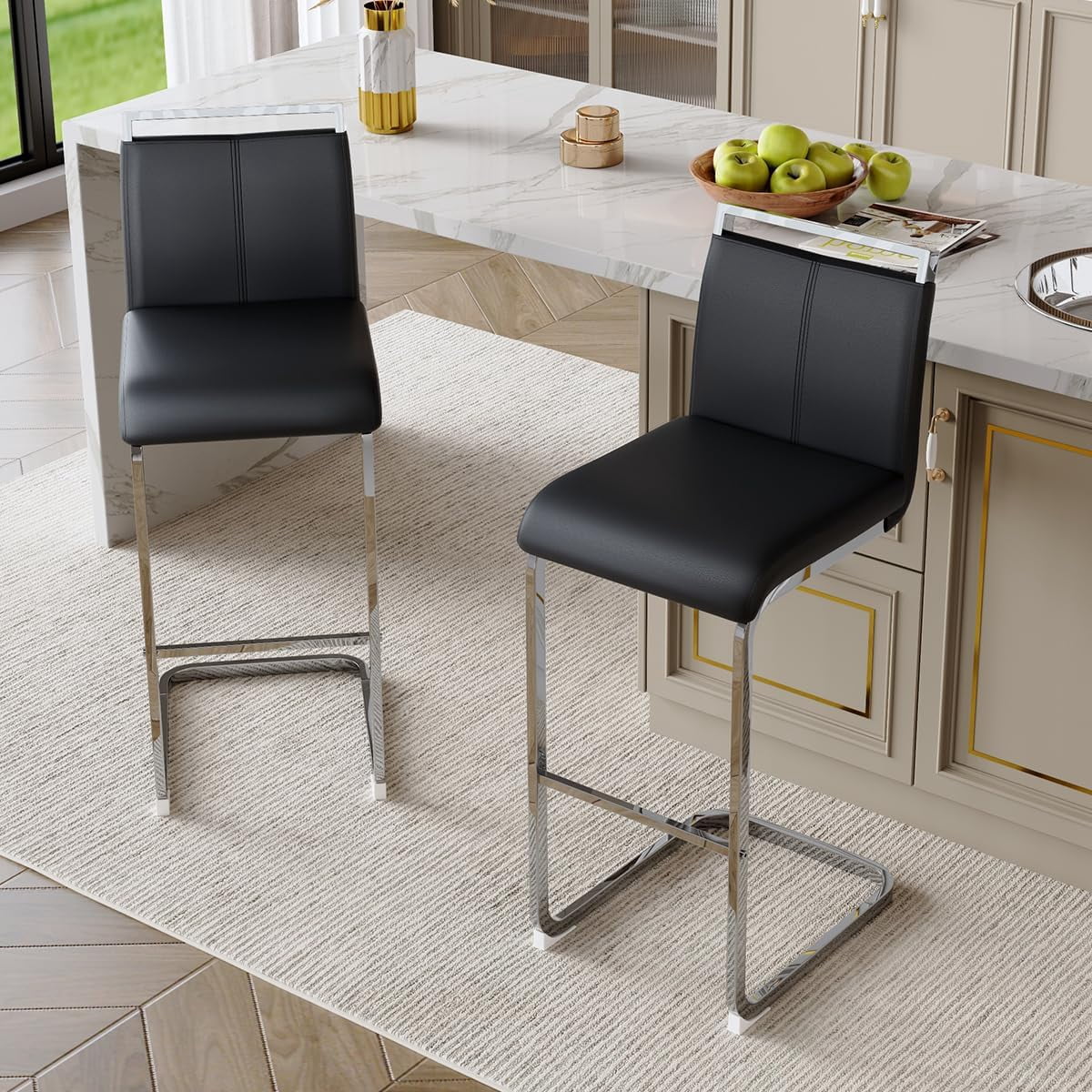 Lecut 30" Counter Height Bar Stools Set of 2, Modern Upholstered PU Leather Bar Stools with Back and Silver Chrome Plated Metal Frame, Armless Bar Chairs for Kitchen Island (Black+Silver)