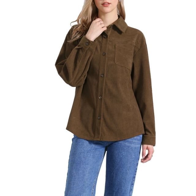 Chaqueta de pana INSPIRE CHIC para mujeres, blusas de botón con cuello en V, camisa suelta de otoño e invierno, talla XS, marrón