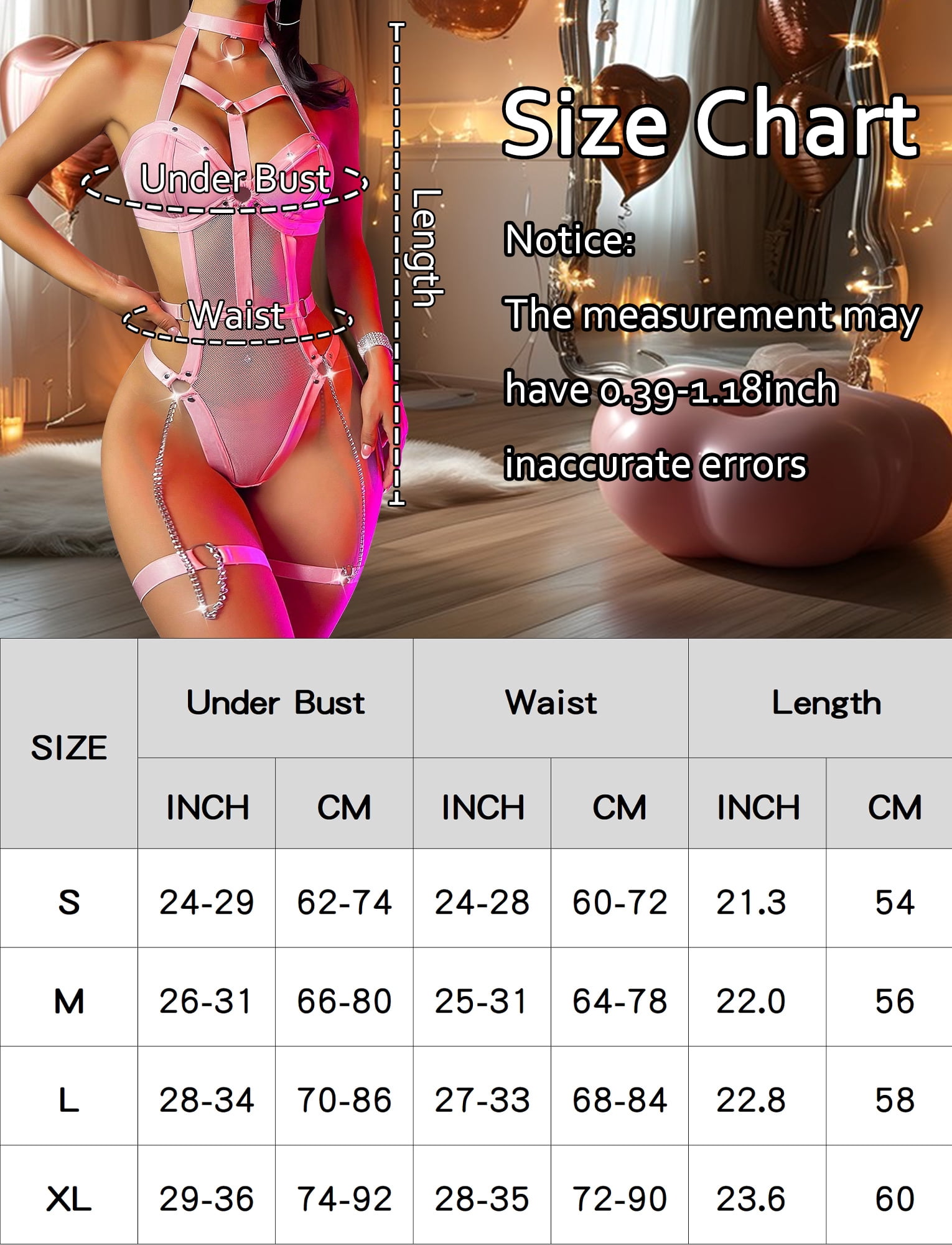 Ausing Womens Lingerie Set PU Leather Teddy Bodysuit Mesh Patchwork Crisscross Choker Chains Garter Belt One Piece Babydoll Wet Look Clubwear Pink L