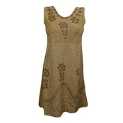 Mogul Women's Brown Sundress Embroidered Sleeveless Fit Flare Dress S