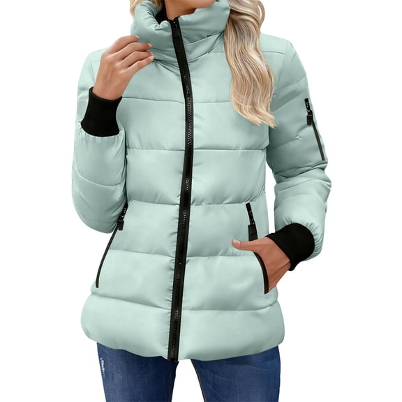Gfyviroh Women's Puffer Jackets Stand Collar Full Zip Winter Coats with Zipper Pockets Long Sleeve Quilted Down Coats
