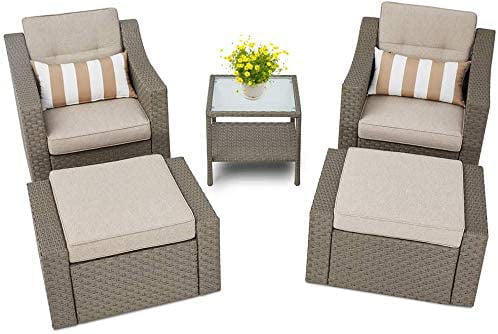 SOLAURA Sofa Sets 5-Piece Outdoor Furniture Set Brown Wicker Lounge Chair & Ottoman with Neutral Beige Cushions & Glass Coffee Side Table 