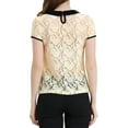 thumbnail image 4 of INSPIRE CHIC Women's Contrast Peter Pan Collar Short Sleeve Sheer Lace Blouse M Beige, 4 of 7