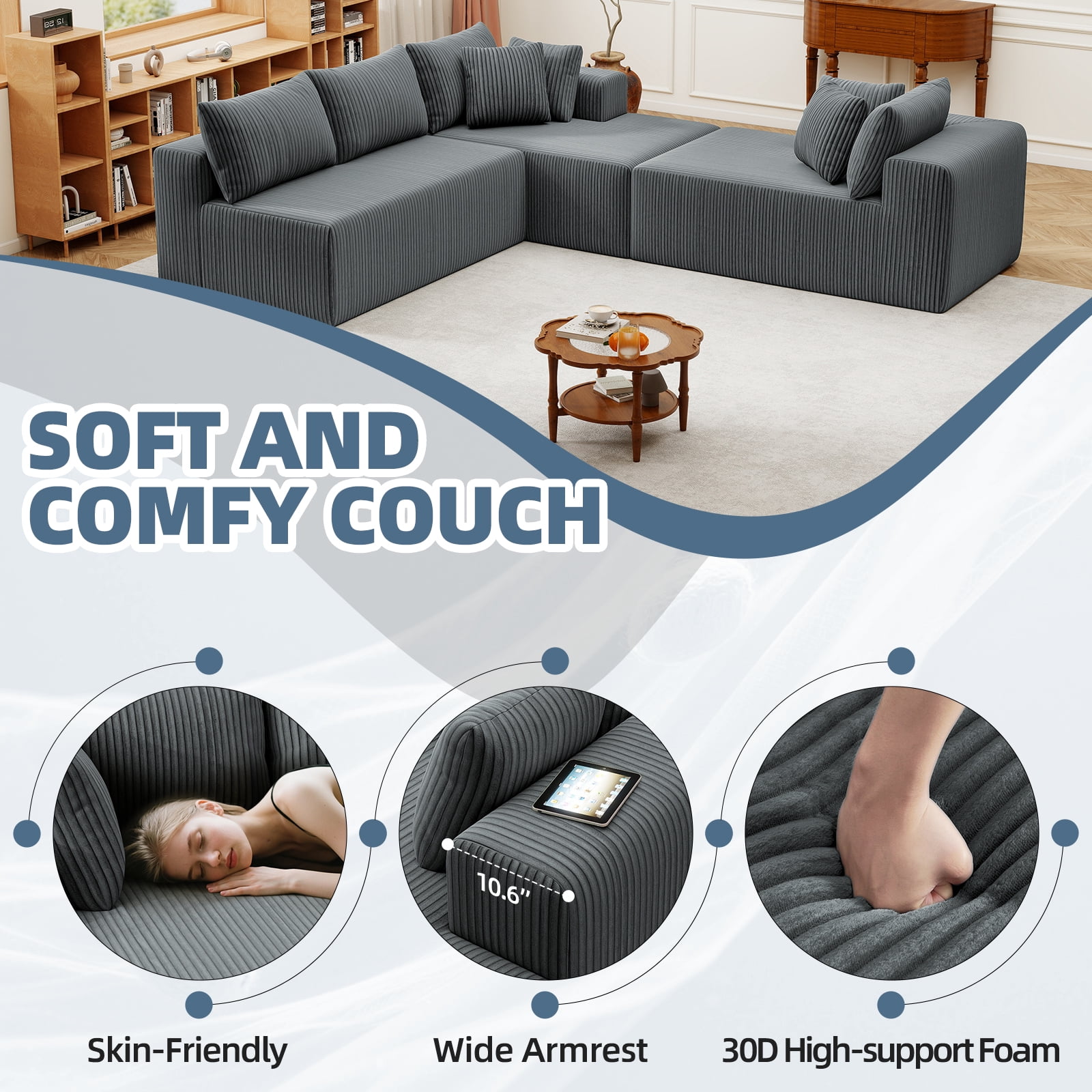 132''Modular Boneless Couches for Living Room, Corduroy Deep Seat Sofa with 2 Chaise Lounges and 1 Loveseat