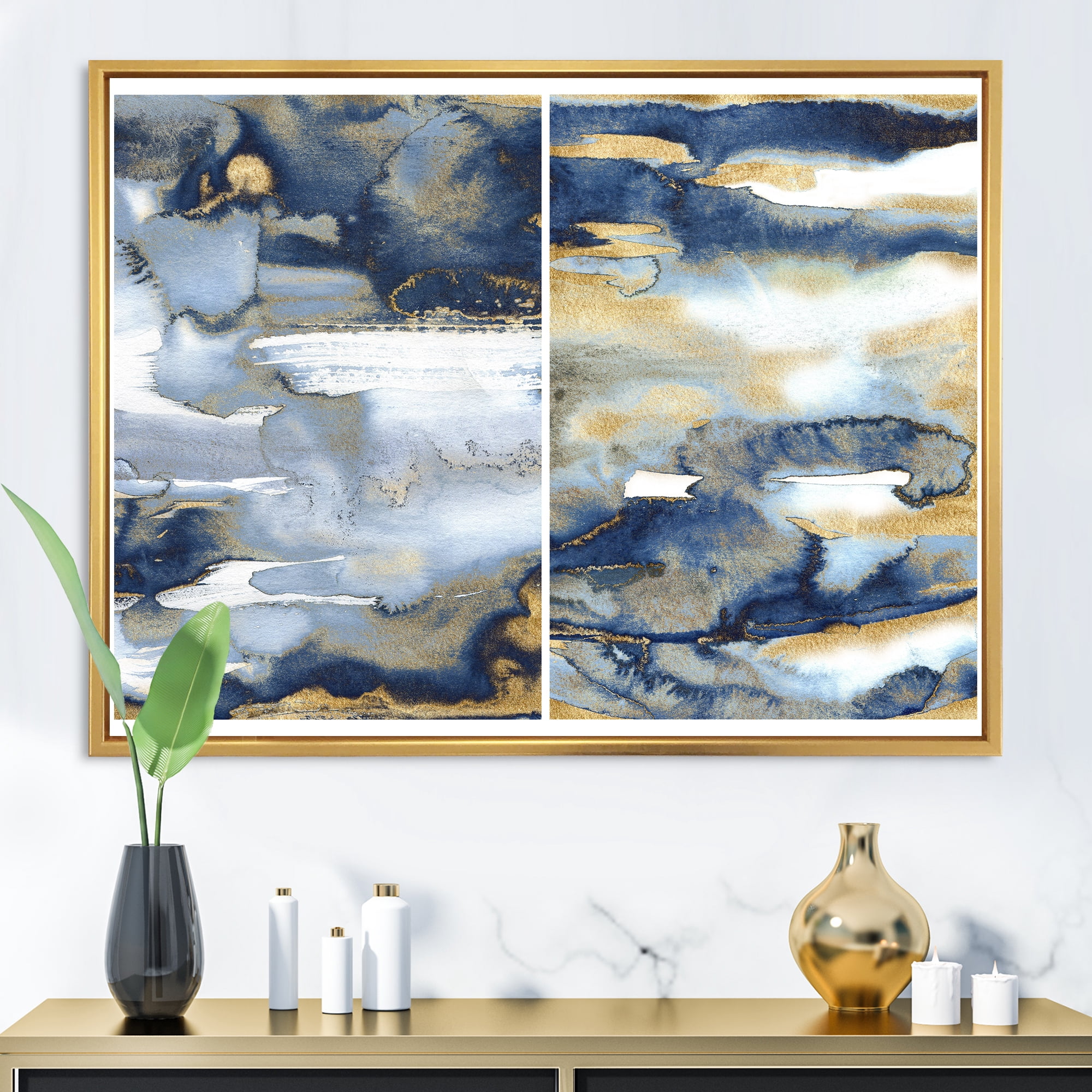 Designart 'Gold and Dark Blue Abstract II' Modern Framed Canvas Wall Art Print