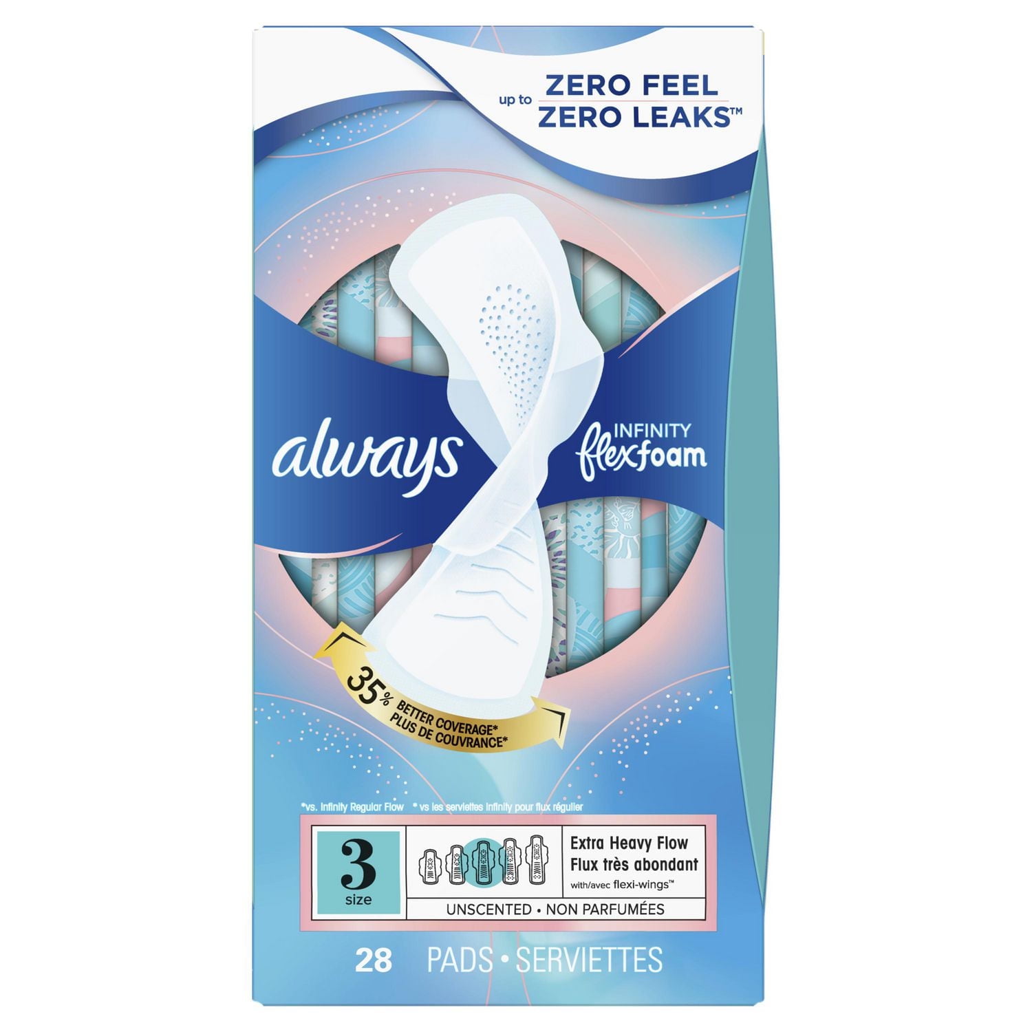 Serviettes féminines Always Infinity, flux très abondant, avec ailes, pour femmes, taille 3, non parfumées, 28 U 28CT