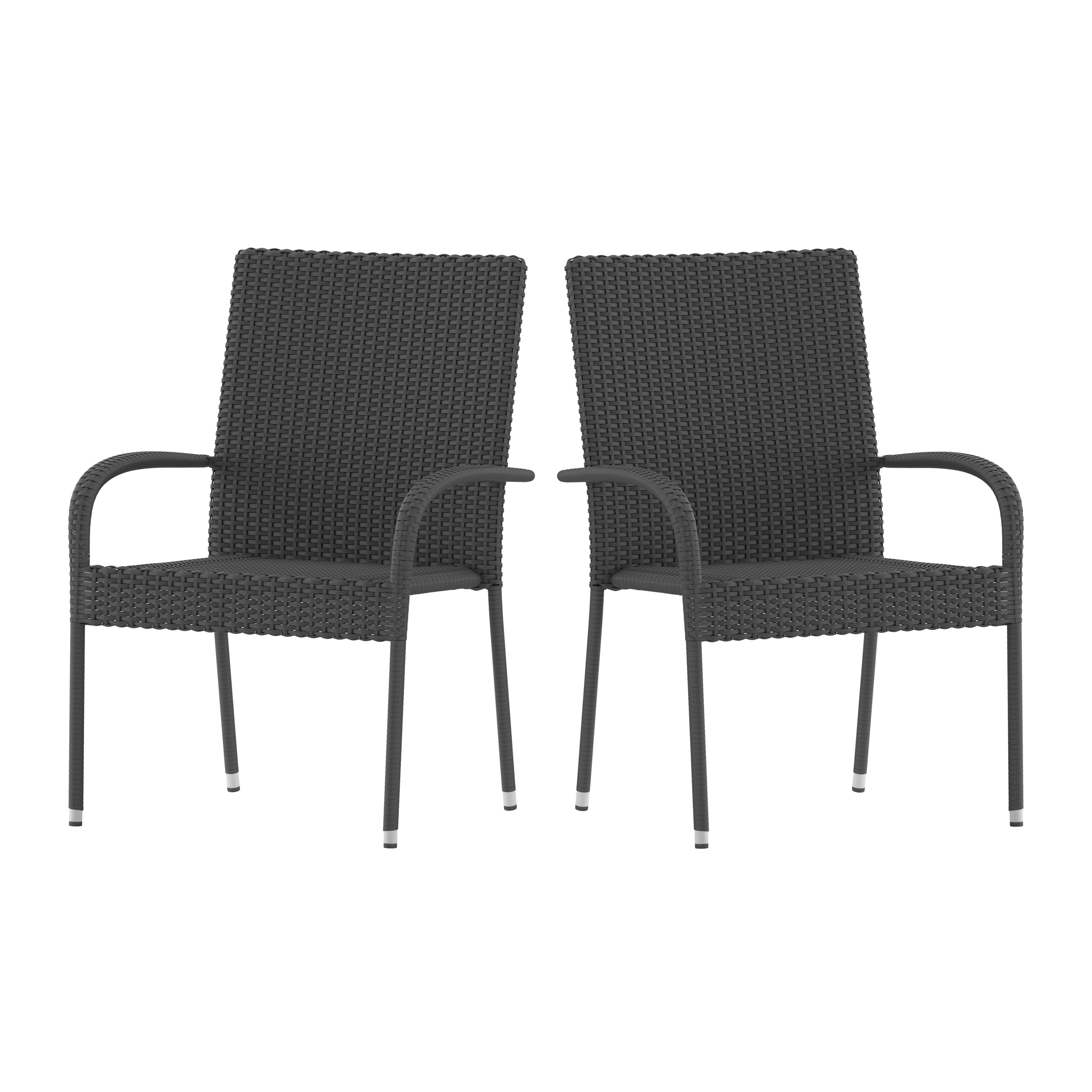Emma + Oliver Stacking All-Weather Gray Wicker Wrapped Powder Coated Steel Patio Club Chair for Indoor and Outdoor Use - Set of 2