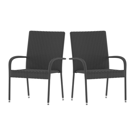 Flash Furniture Maxim Set of 2 Stackable Indoor/Outdoor Wicker Dining Chairs with Arms - Fade & Weather-Resistant Steel Frames - Gray