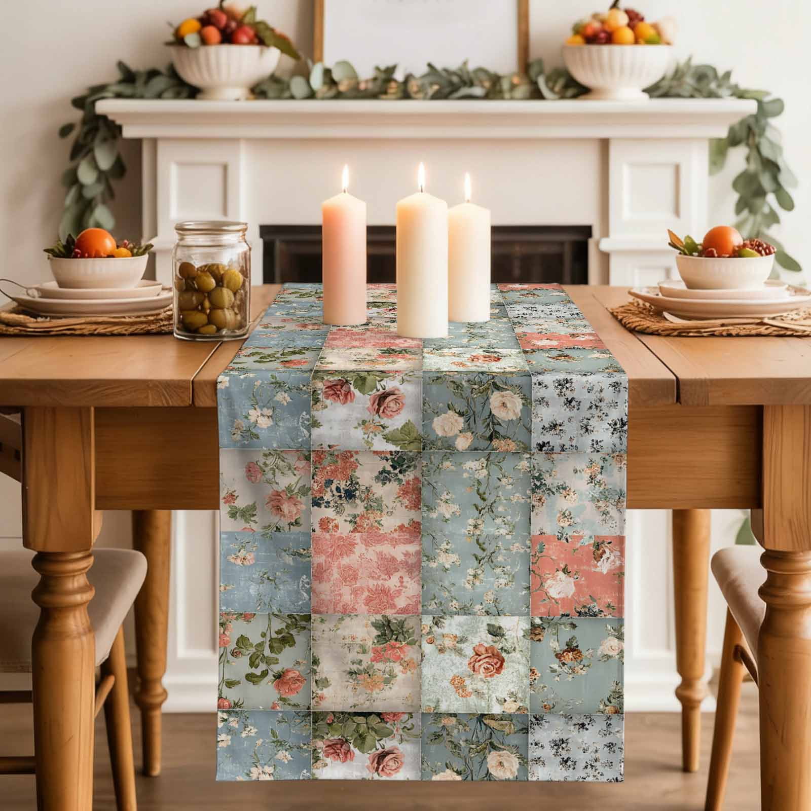 Elegant Spring Floral Cotton Linen Table Runner for Dining Kitchen, Farmhouse Summer Botanical Plaid Wedding Outdoor Party Tablerunners Decoration,Dresser Scarf Coffee Tablecloth Runners 13x90 Inches