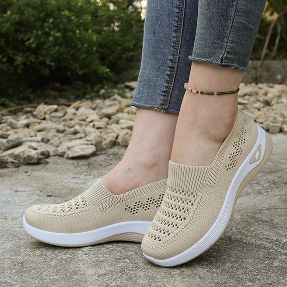 YOUYEDIAN Orthopedic Shoes for Women Arch Support Sneakers Breathable Non Slip Slip on Volleyball Shoes Knitted Mesh Stretch Soft 2026 New Orthopedic Shoes (Beige)