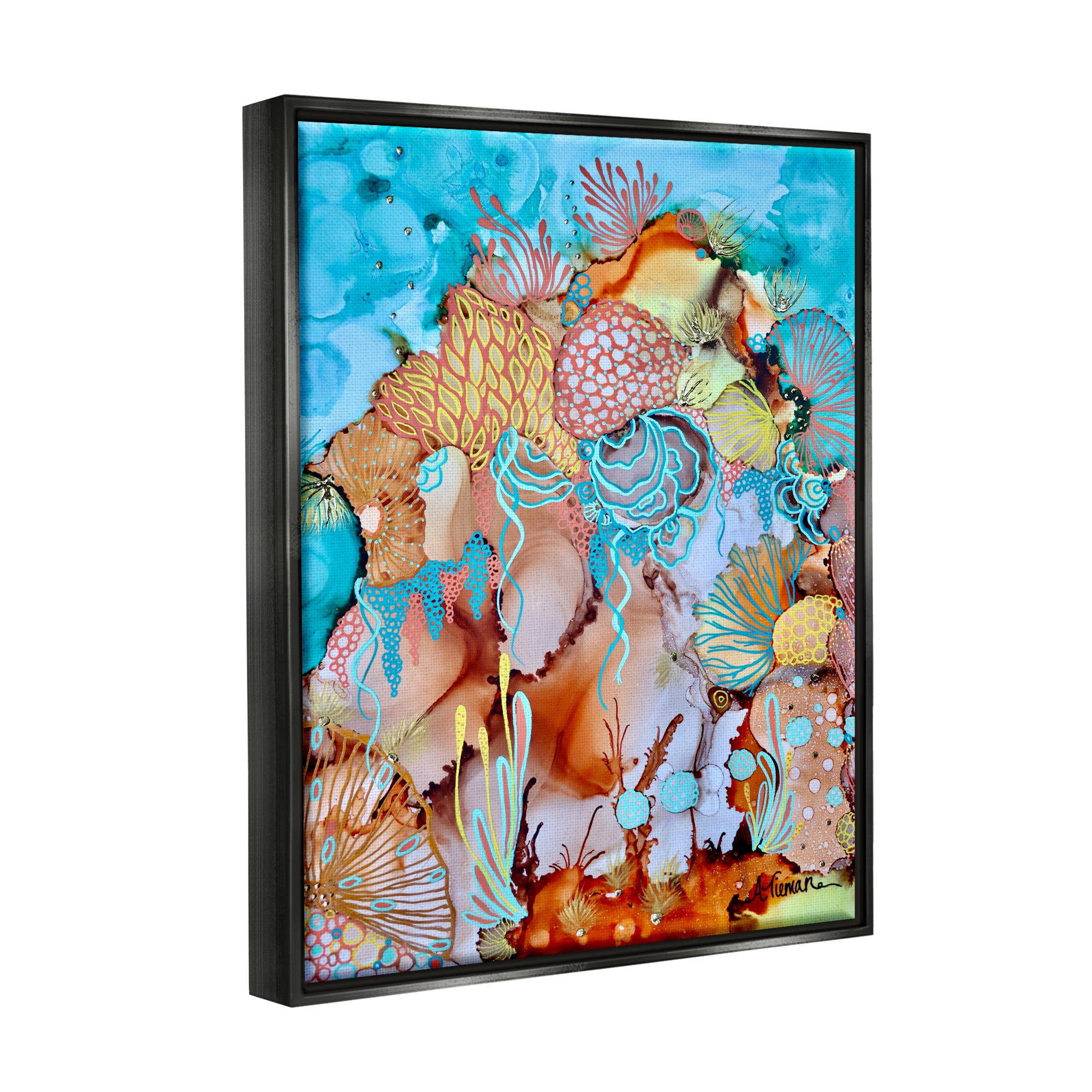 Stupell Industries Abstract Coral Reef Pattern Abstract Painting Black Floater Framed Canvas Art Print Wall Art, 17 x 21
