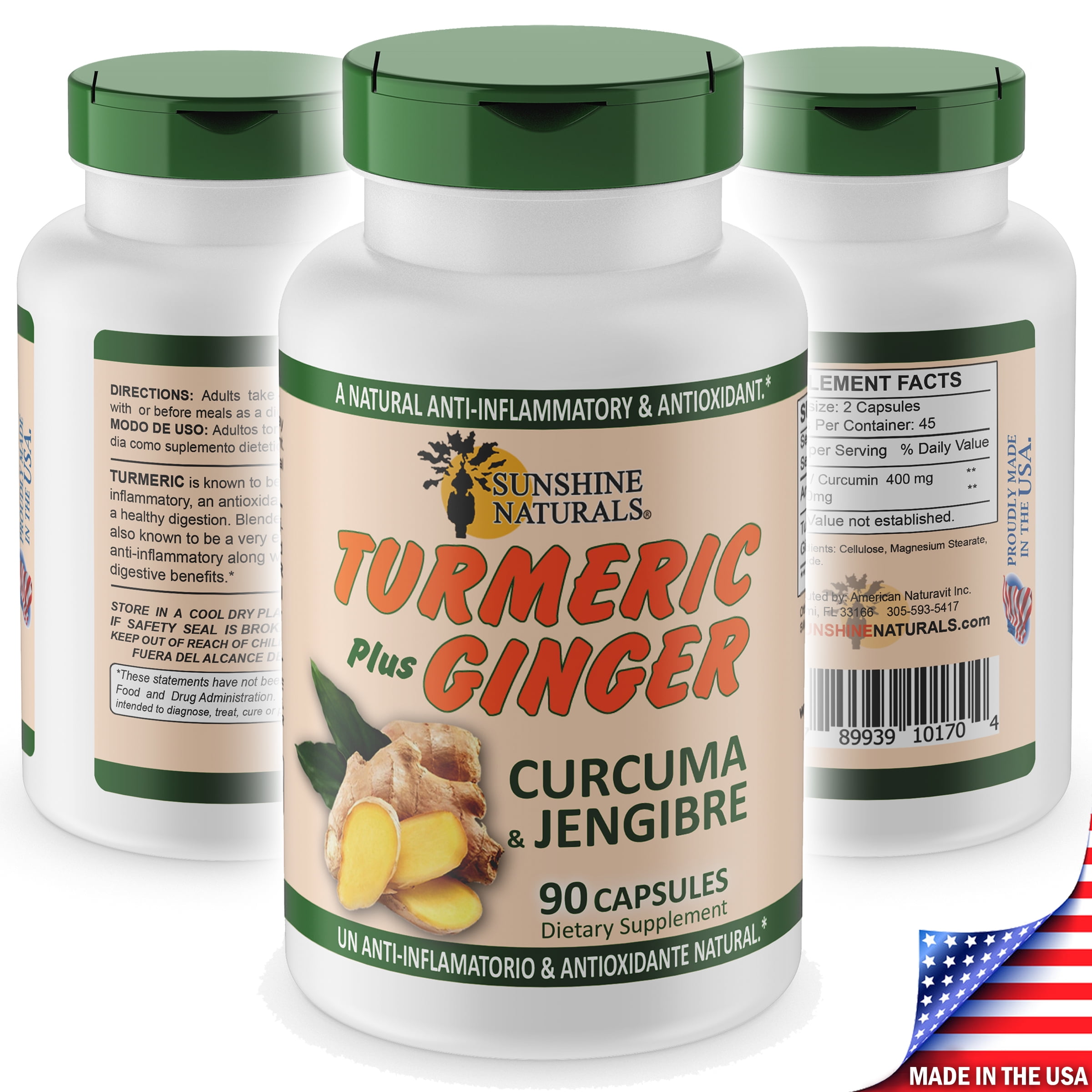 Sunshine Naturals Turmeric Curcumin Plus Ginger Dietary Supplement, 90 Capsules