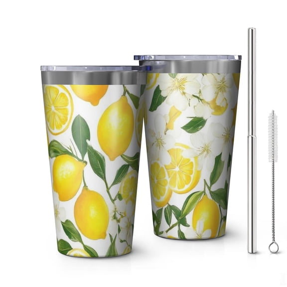 16oz Tumblers Lemon Stainless Steel Vacuum Insulated Double Wall Travel Tumbler Cups Mug with Lid and Straw,Cleaning Brush for Coffee,Tea
