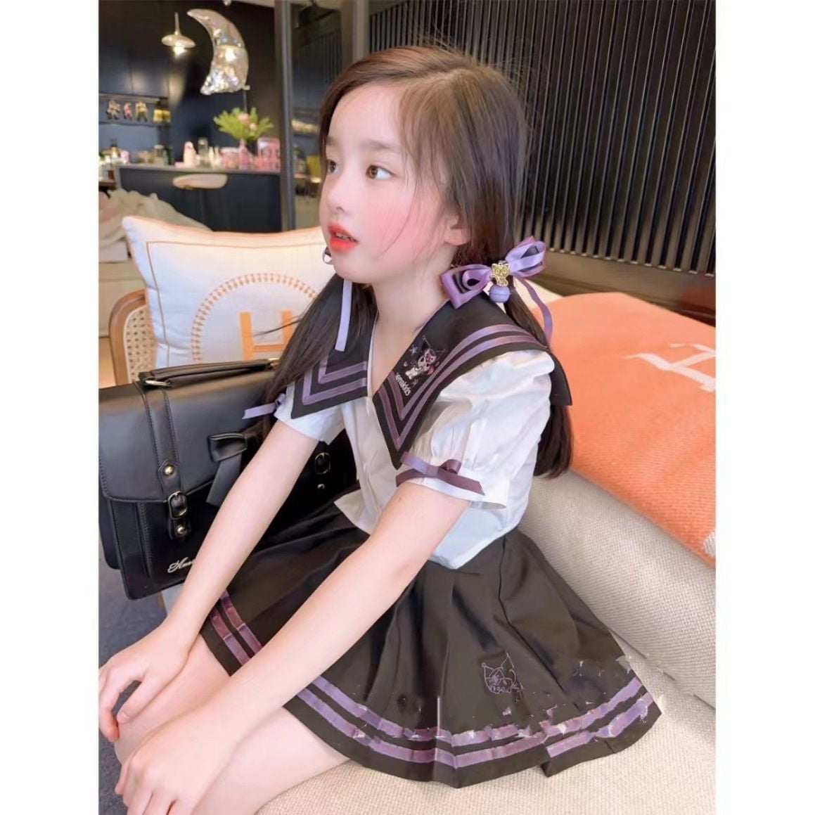 RWJDXD Sanrio Kuromi Childrfen Two piece School Uniform Set Kawaii