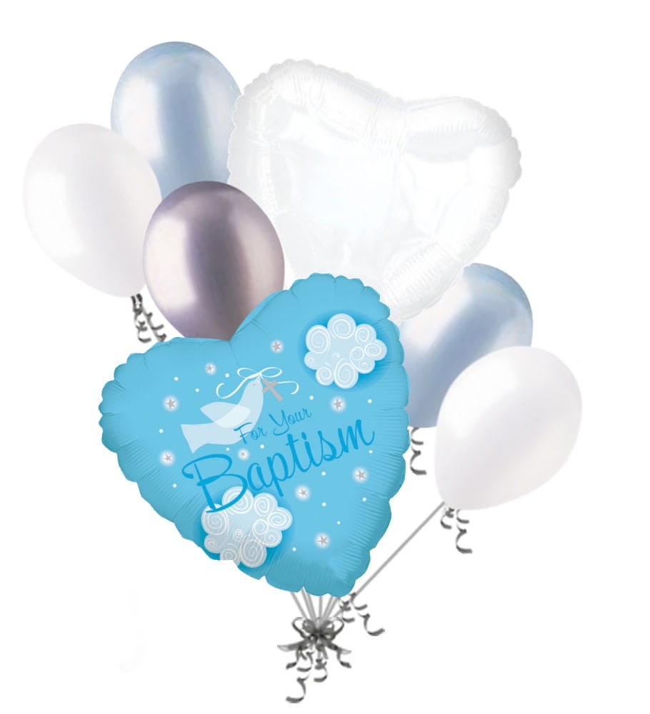 7 pc Baby Boy Dove Baptism Gift Balloon Bouquet Religious Ceremony