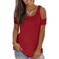 thumbnail image 2 of Black and Friday Deals 50% Off Clear! asdoklhq Juniors Plus Tops & T-Shirts,Women's Cold Shoulder Tops Open Back Short Sleeve Solid T Shirt Casual Loose Backless Tee Blouses, 2 of 9