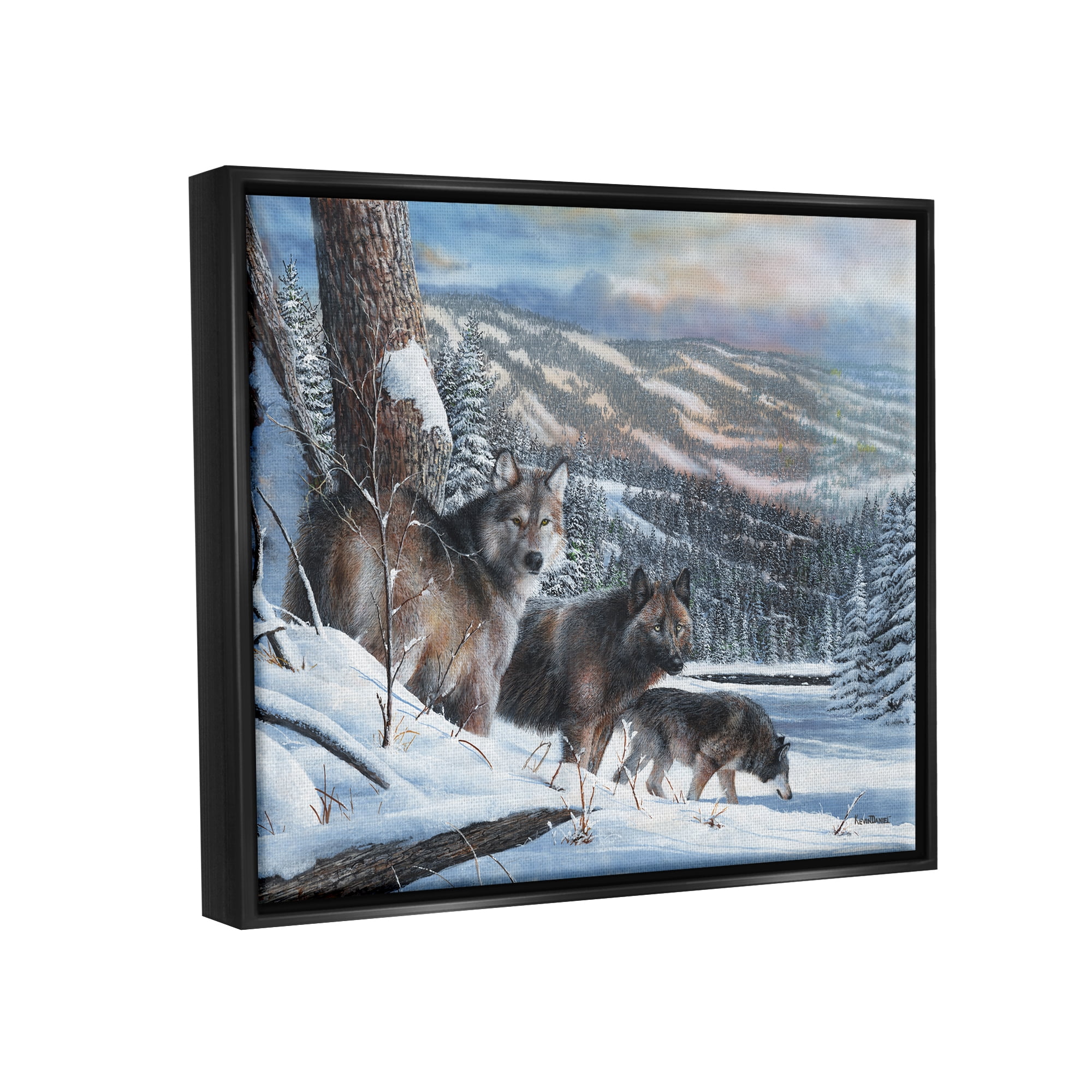 Stupell Industries Wolves in Snowy Mountain Landscape Animals & Insects Painting Black Floater Framed Art Print Wall Art, 21 x 17