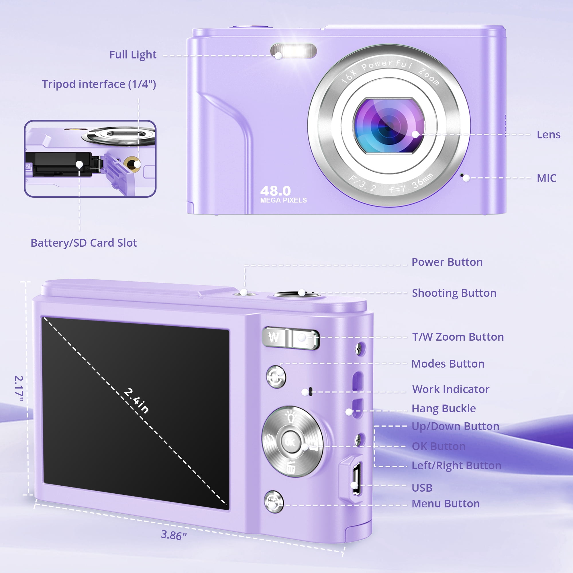 Digital Camera Rechargeable w/ 32GB TF Card, 1080P Video 48MP Fun Retro Filters 16X Zoom Date LED Fill Light, Entry Level Point and Shoot Camera (Purple)