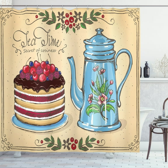 Ambesonne Tea Shower Curtain, Secret of Cosiness Words Cake, 69"Wx84"L, Multicolor