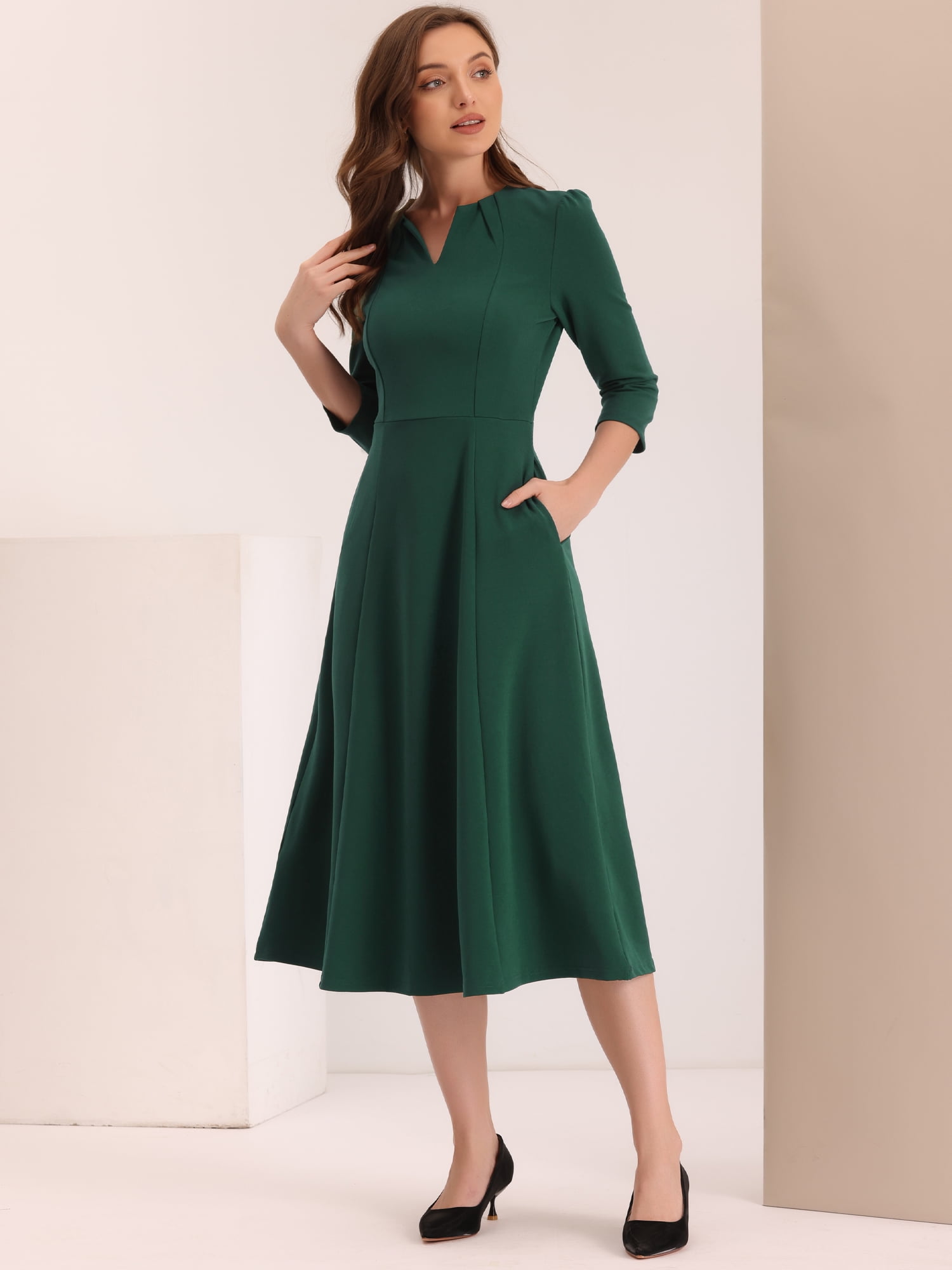 DARING DIVA Work Office Elegant 3/4 Sleeve V Neck A-Line Dress XS Dark Green