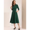 thumbnail image 3 of Vestido elegante Allegra K con cuello en V bolsillos manga 3/4 línea A Verde Oscuro L, 3 of 5
