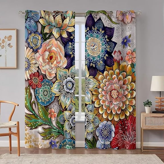Floral Boho Curtains, Bohemian Flower Hippie Window Curtain For Bedroom Living Room, Light Blocking Grommet Drapes For Dining Room Darkening Curtains 42"W x 108"L (Pack of 2)