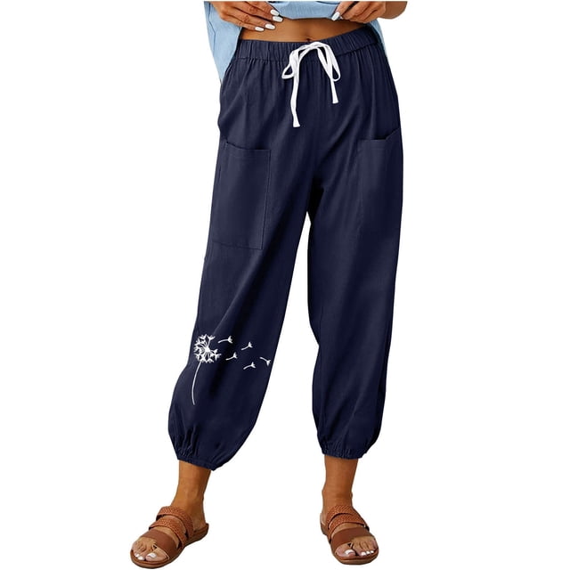 VEKDONE Pantalon Long en Coton et Lin pour Femmes Imprimé Marine TG