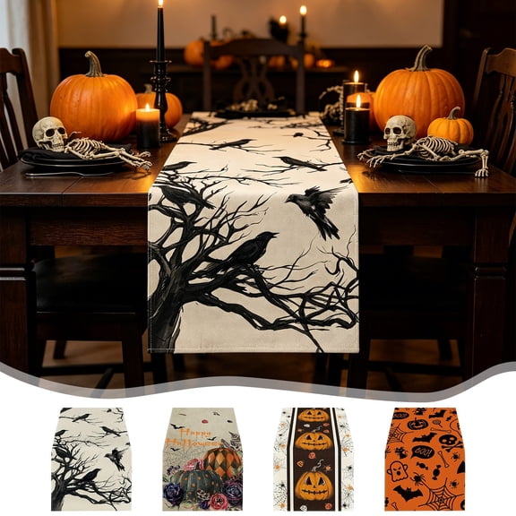 UALSRZL Halloween Table Runner, 72x13in Halloween Pumpkin Crow Ghost Table Runner, Dining Tables Runners for Home Table Mantel Decor, Multicolor