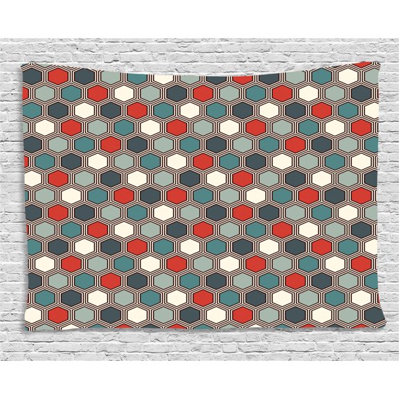 Geometric Tapestry, Abstract Honeycomb Inspired Geometric Mosaic Tiles with Vivid Colors Pattern, Wall Hanging for Bedroom Living Room Dorm Decor, 80W X 60L Inches, Multicolor, by Ambesonne