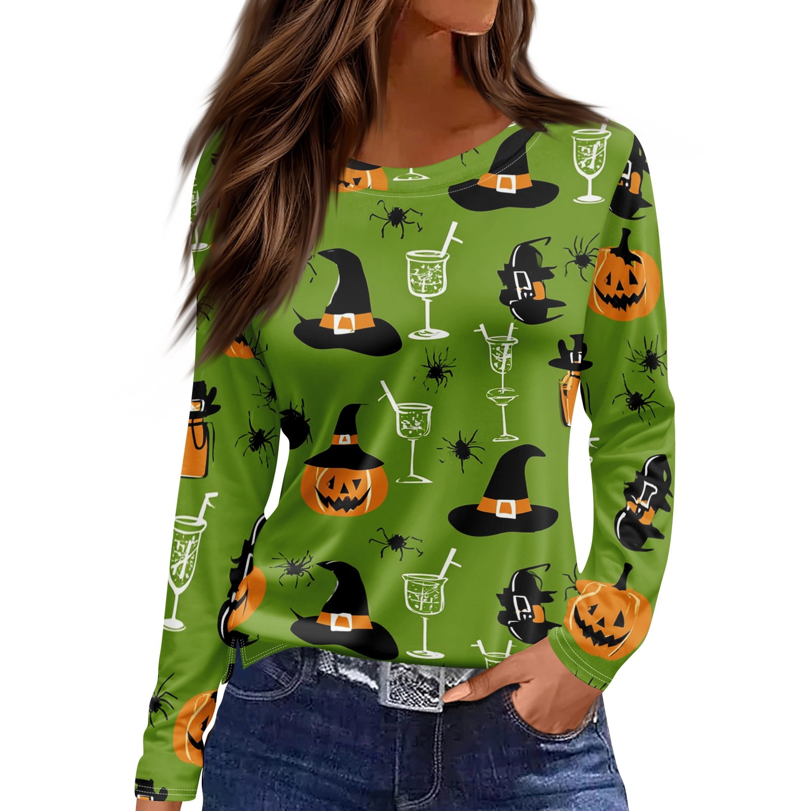 DORKASM Women s Halloween Costumes Round Neck Ghost Graphic Fashion Shirt Long Sleeve Skeleton Spooky Fall Winter Blouse Pumpkin Vacation Lounge Tshirt Green M