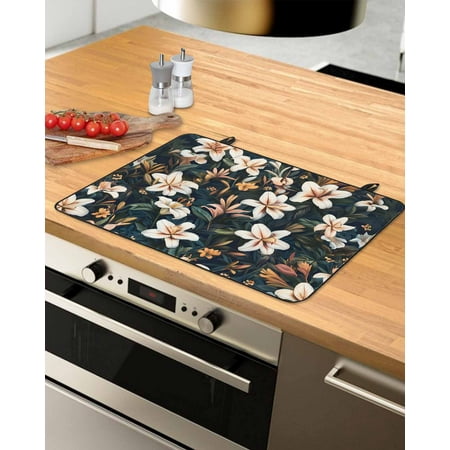 nqOlkjepod Large Induction Cooktop Protector Mat 24 x21 Retro White Flowers Stove Top Covers for Electric Stove Green Tropical Leaves Botanical Stove Burner Cover Mats Glass Top Stove Cover