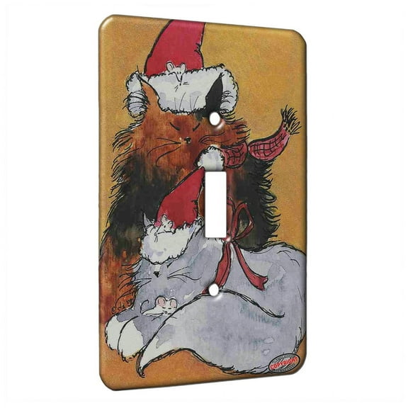 KuzmarK™ Single Gang Toggle Switch Wall Plate - Maine Coon Kitties and Mice in Santa Hats Christmas Cat Art by Denise Every