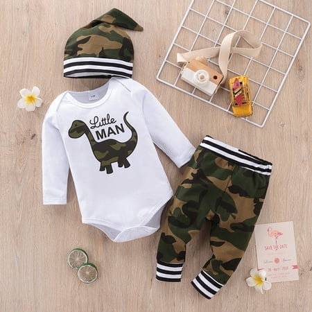 

PatPat Newborn Baby Boy 3pcs Outfit Set Long Sleeve Camouflage Dinosaur Print Romper Elastic Waist Splicing Pants with Hat Infant Set Fall Clothes Winter Pajamas Set 0-18Month