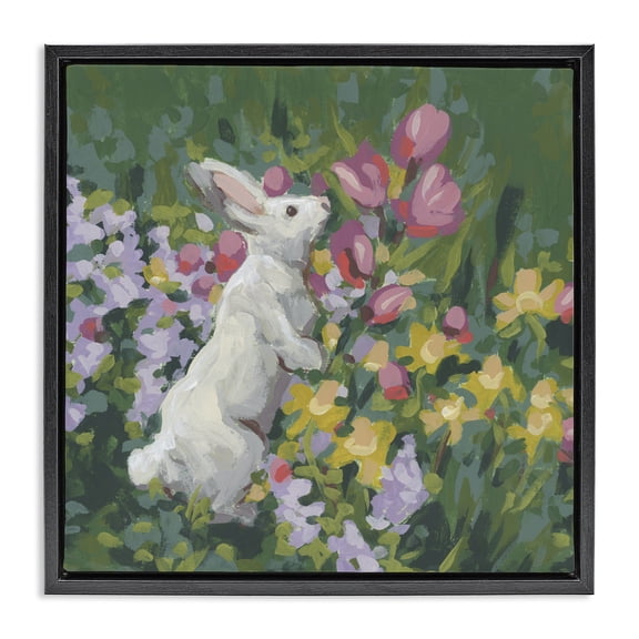 Stupell Industries Cottage Bunny in Garden Impression Black Floating Frame Canvas Art, 18 x 18, by June Erica Vess