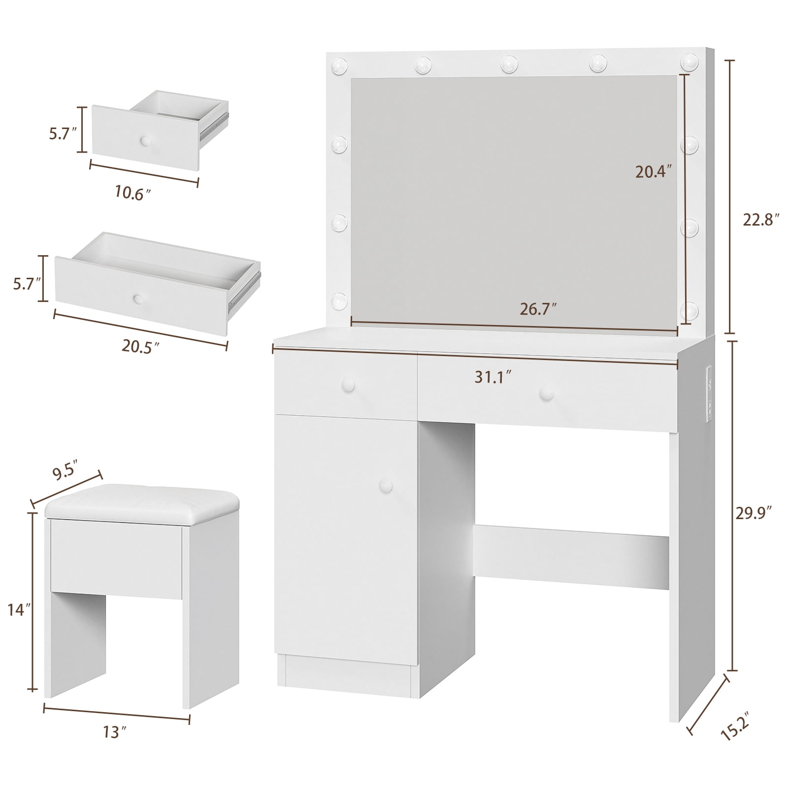 Bexfil Makeup Vanity Desk with Mirror and Power Outlet, White Vanity Desk Set with 3 Color Light Options Adjustable Brightness, Big Vanity with 2 Drawers, 1 Storage Cabinets