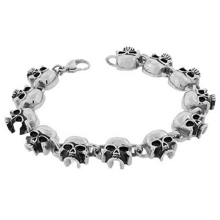 Skull Chain Bracelet - Stainless Steel Silver-Tone Skull Link Chain Men's Bracelet