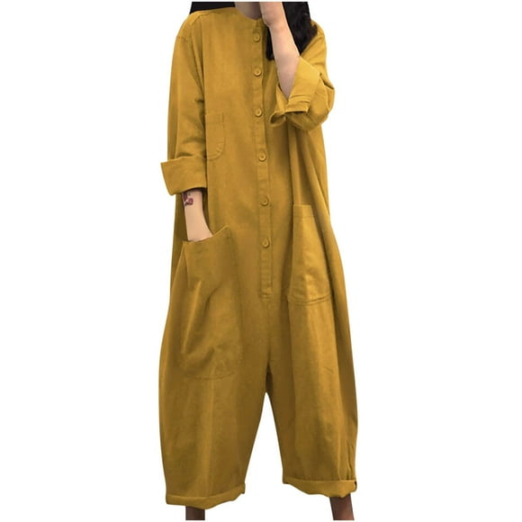 Birdeem Women Casual Solid Pocket Romper Long Playsuit Strap Long Sleeve Jumpsuit