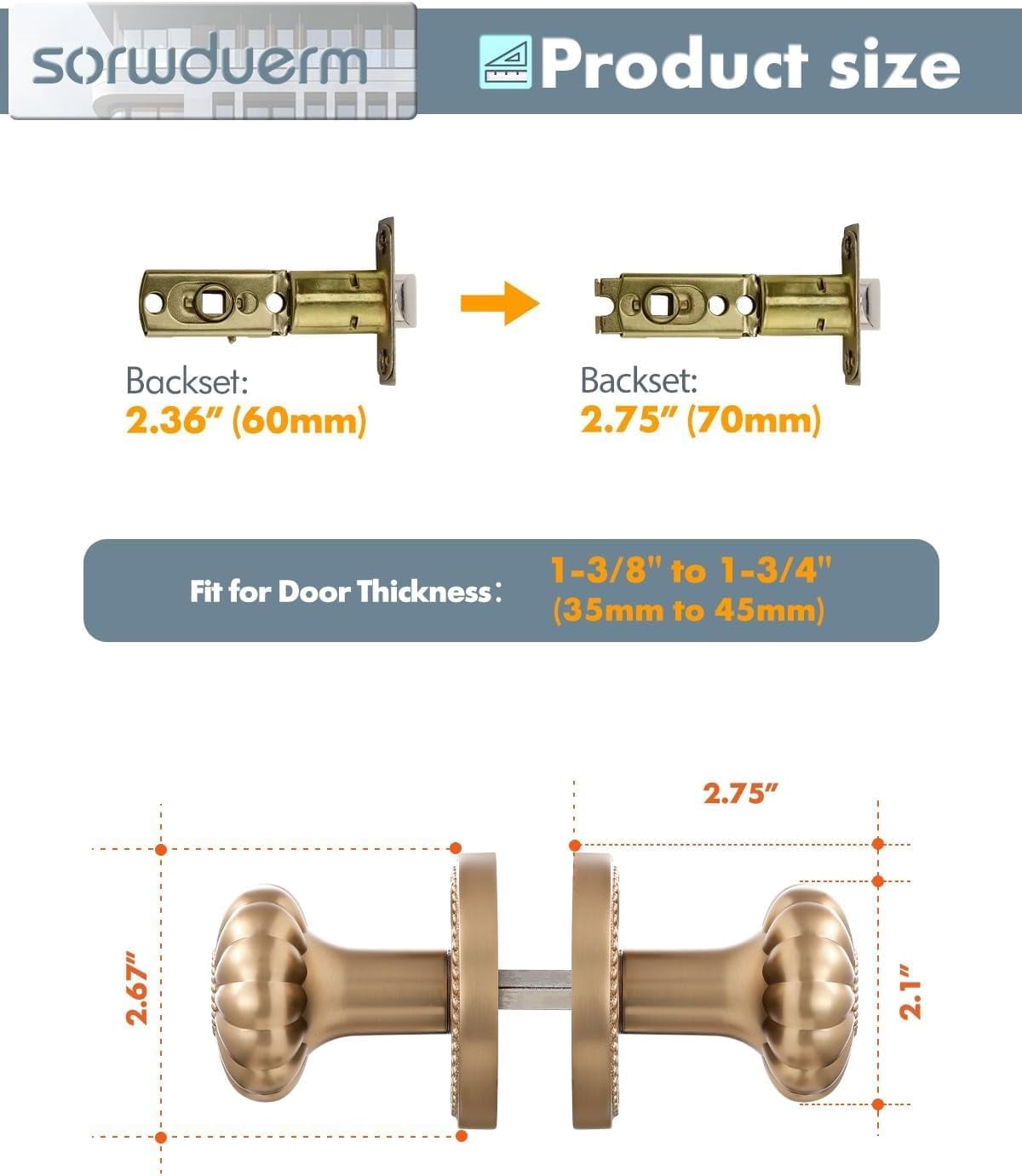 1 Pack Champagne Bronze Door Knobs Passage Door Knobs Interior Satin Brass Door Knob for Hall and Closet,Zinc Alloy